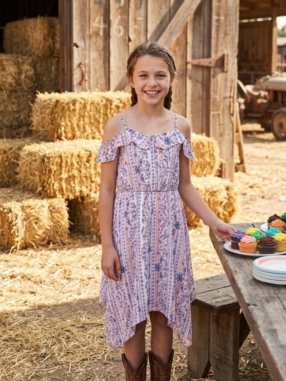 Boho Chic Art Class Girls Dress Cold Shoulder & Ruffle Details - Size L (10-12)
